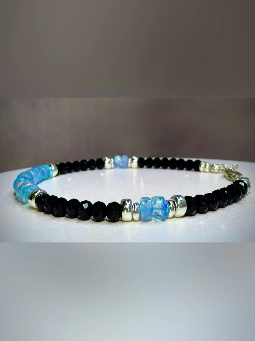 Ethiopian Opal Black Spinel Gemstone Bracelet in Sterling Silver - Picture 2 of 6